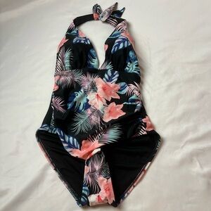 DKNY Women's One Piece Tummy Control Ruched Waist Halter Neck Swimsuit Sz L NWOT